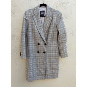 Zara Womens Black White Plaid Dbl Breasted Long Blazer SMALL Heritage Academia